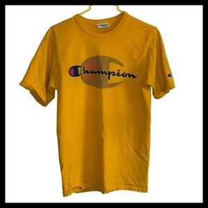 Champion Mens Small Yellow Graphic Logo Short Sleeve T-Shirt Crew Neck Mustard